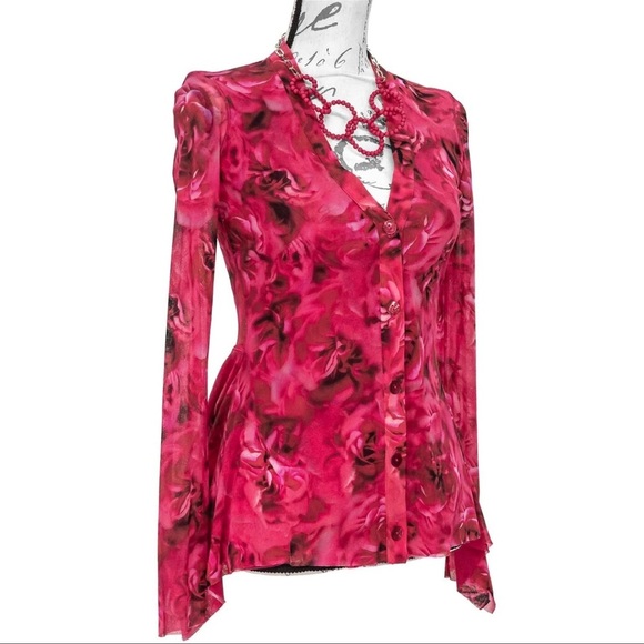 FUZZI Jean Paul Gaultier Red and Pink Floral V Neck Top - Picture 3 of 9